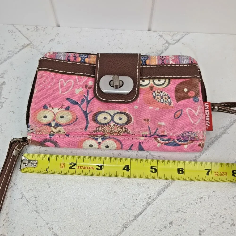 UNIONBAY Owls Canvas Fabric Pink & Brown Wristlet Wallet